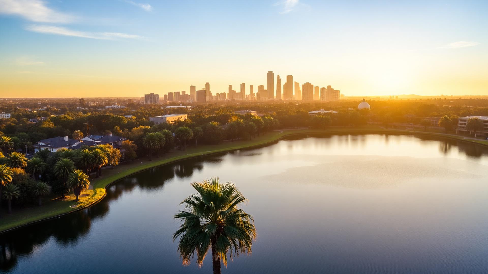 Echo Park and the skyline of Los Angeles, California, USA